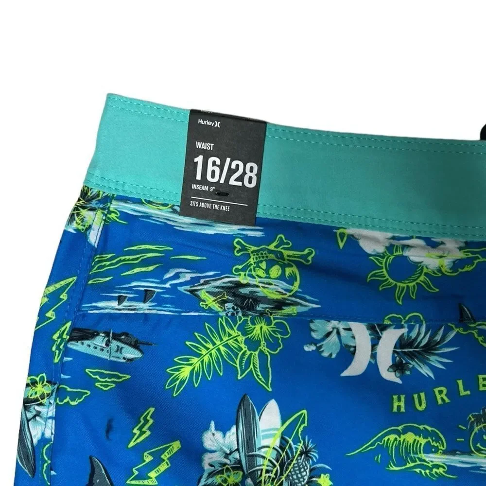 Hurley Neptune Blue Tropical Swim Board Shorts Size 16 / 28 NWT